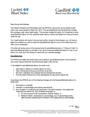 Notice of Intent to Maintain Grandfathered Status of a Health Plan