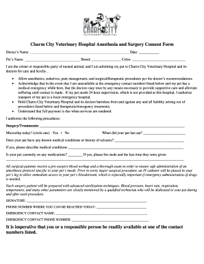 Charm City Veterinary Hospital Anesthesia and Surgery Consent Form