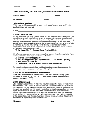 Pet Surgery/Anesthesia Release Form
