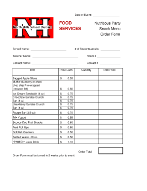FOOD Nutritious Party SERVICES Snack Menu Order Form - nhsd