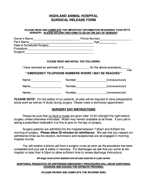 Highland Animal Hospital Surgical Release Form