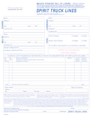 Mexico Straight Bill of Lading - Short Form
