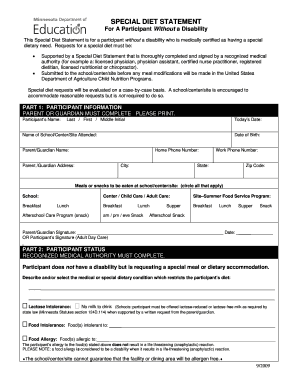 Special Diet Statement Form