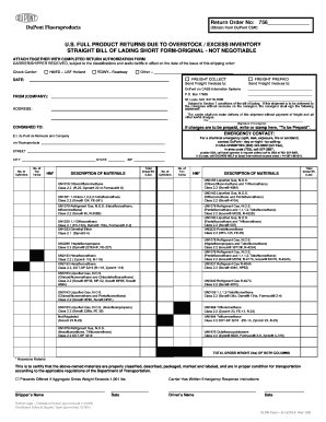 DuPont Full Product Returns Bill of Lading