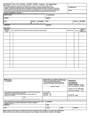 Straight Bill of Lading Short Form