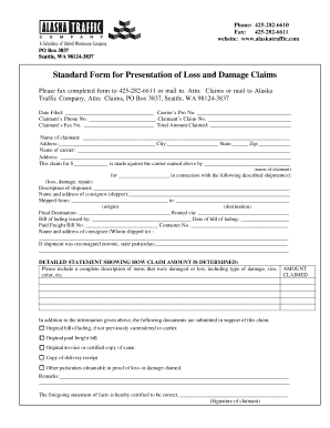 Standard Form for Presentation of Loss and Damage