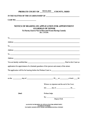 Notice of Hearing on Application for Appointment Guardian of Minor
