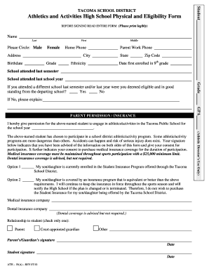 Tacoma School District High School Physical Eligibility Form
