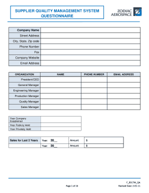Supplier Quality Management System Questionnaire