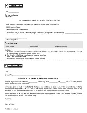 Request for Hot-listing of ATM/Debit Card