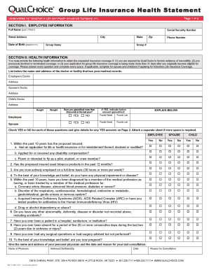 Group Life Insurance Health Statement