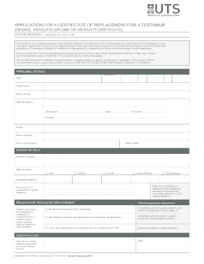 Application for Certificate of Replacement for a Testamur