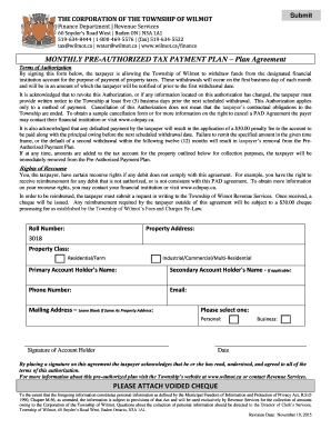 Monthly Pre-Authorized Tax Payment Plan Agreement