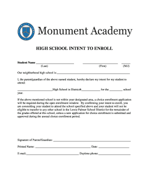 High School Intent to Enroll Form