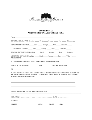 Pastor's Personal Reference Form