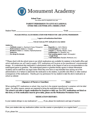 Parent Permission for OTC Medication at School