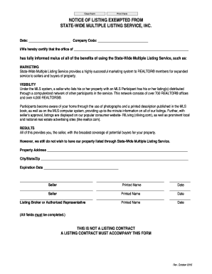 Notice of Listing Exempted from State-Wide Multiple Listing Service