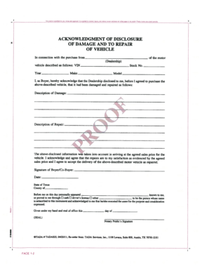 Acknowledgement of Disclosure of Damage and Repair of Vehicle