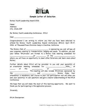 Congratulation letter in english - 1Club RYLA Sample Letter of Selection - bdistrict5300orgb