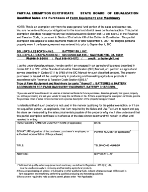 California Partial Exemption Certificate for Farm Equipment