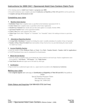 2009 CAC 1 Sponsored Adult Care Centers Claim Form