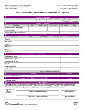 CACFP Reimbursement Claim for Sponsoring Organization of Day Care Homes