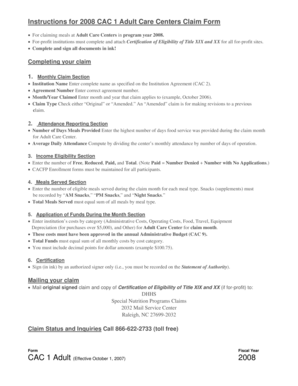 2008 CAC 1 Adult Care Centers Claim Form