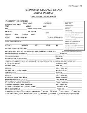 Perrysburg School District Cumulative Record Form