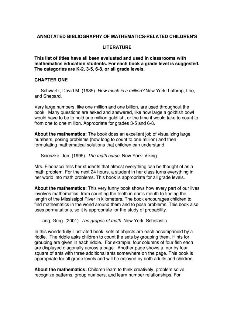 ANNOTATED BIBLIOGRAPHY OF MATHEMATICS-RELATED CHILDREN'S Preview on Page 1