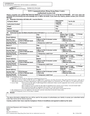 NTT Communications Hong Kong Data Centre Authorized Access List