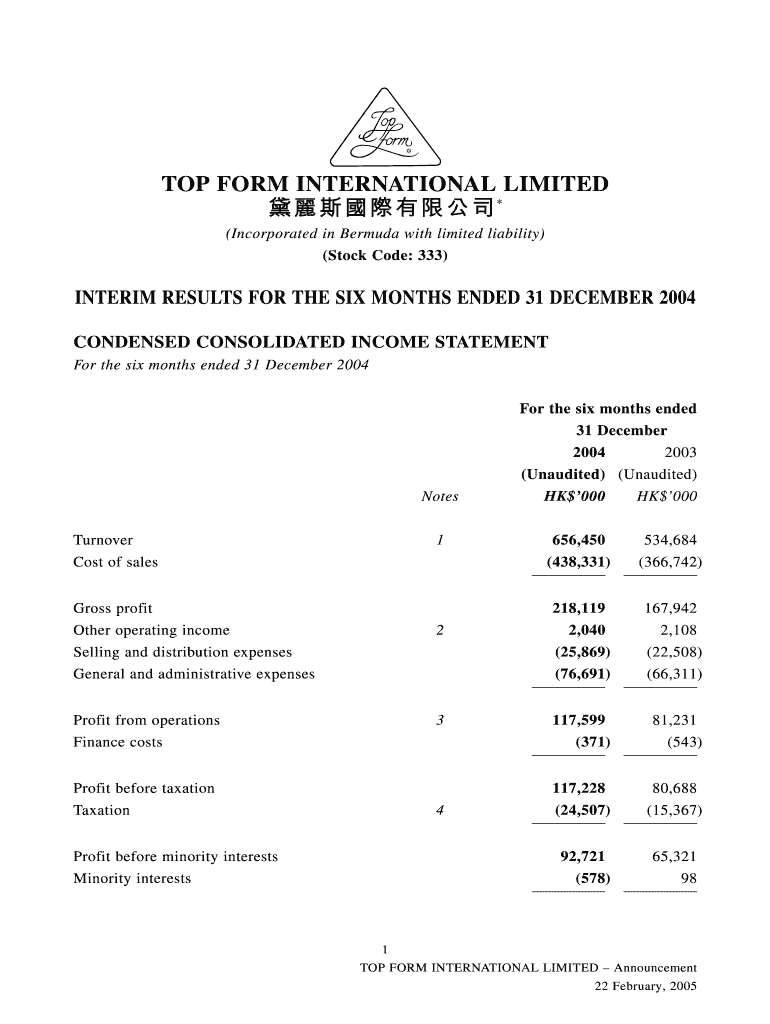 InterimResultsforthe6monthsended31Dec200422 - Top Form Preview on Page 1