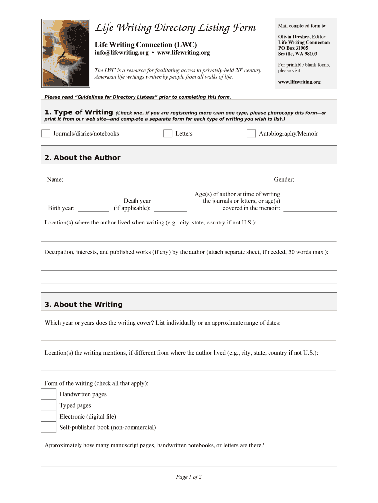 Life Writing Directory Listing Form Preview on Page 1