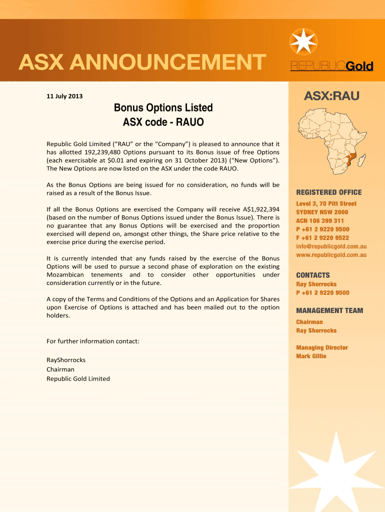 Bonus Options Listed ASX code - RAUO - InfoMine Preview on Page 1
