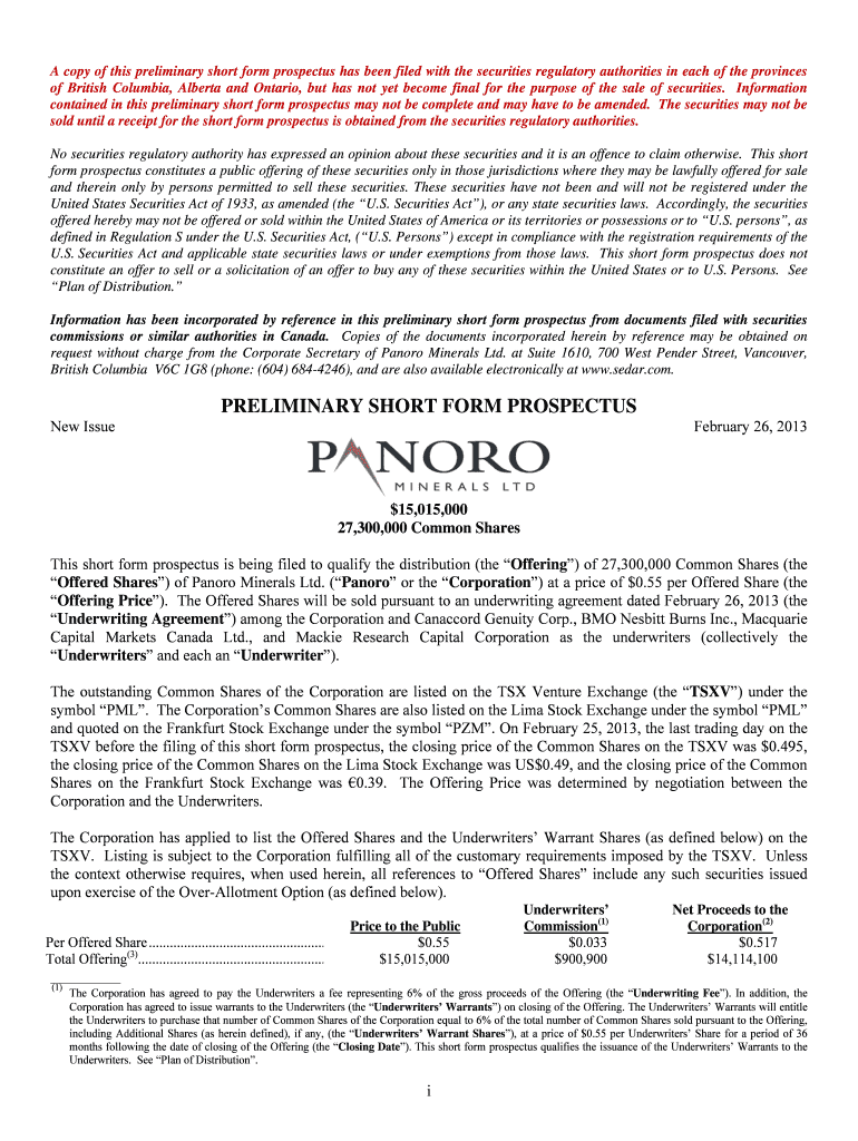 PRELIMINARY SHORT FORM PROSPECTUS - InfoMine Preview on Page 1
