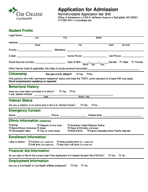 Cox College Application for Admission
