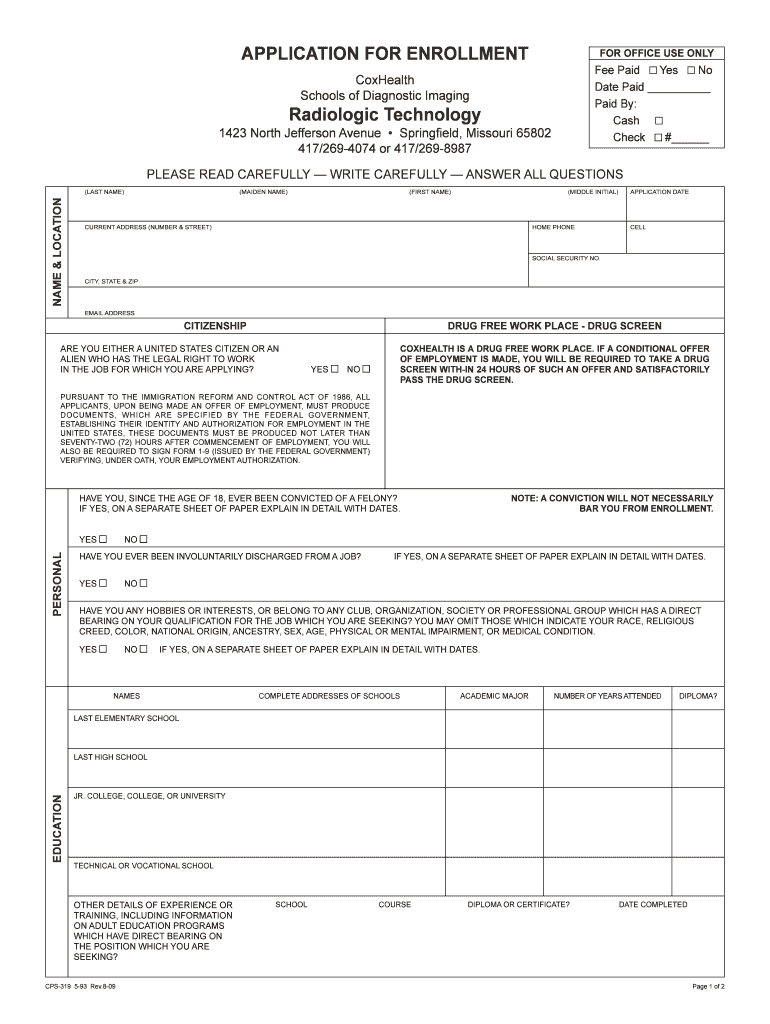 Fillable Online APPLICATION FOR ENROLLMENT Radiologic CoxHealth