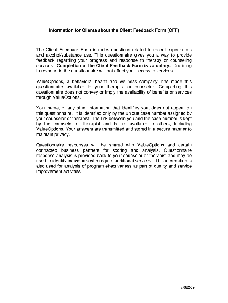 Client Feedback Form (CFF) Preview on Page 1