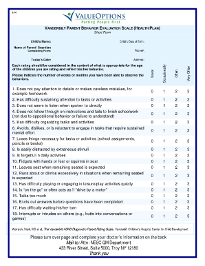 Vanderbilt ADHD Parent Rating Scale Form