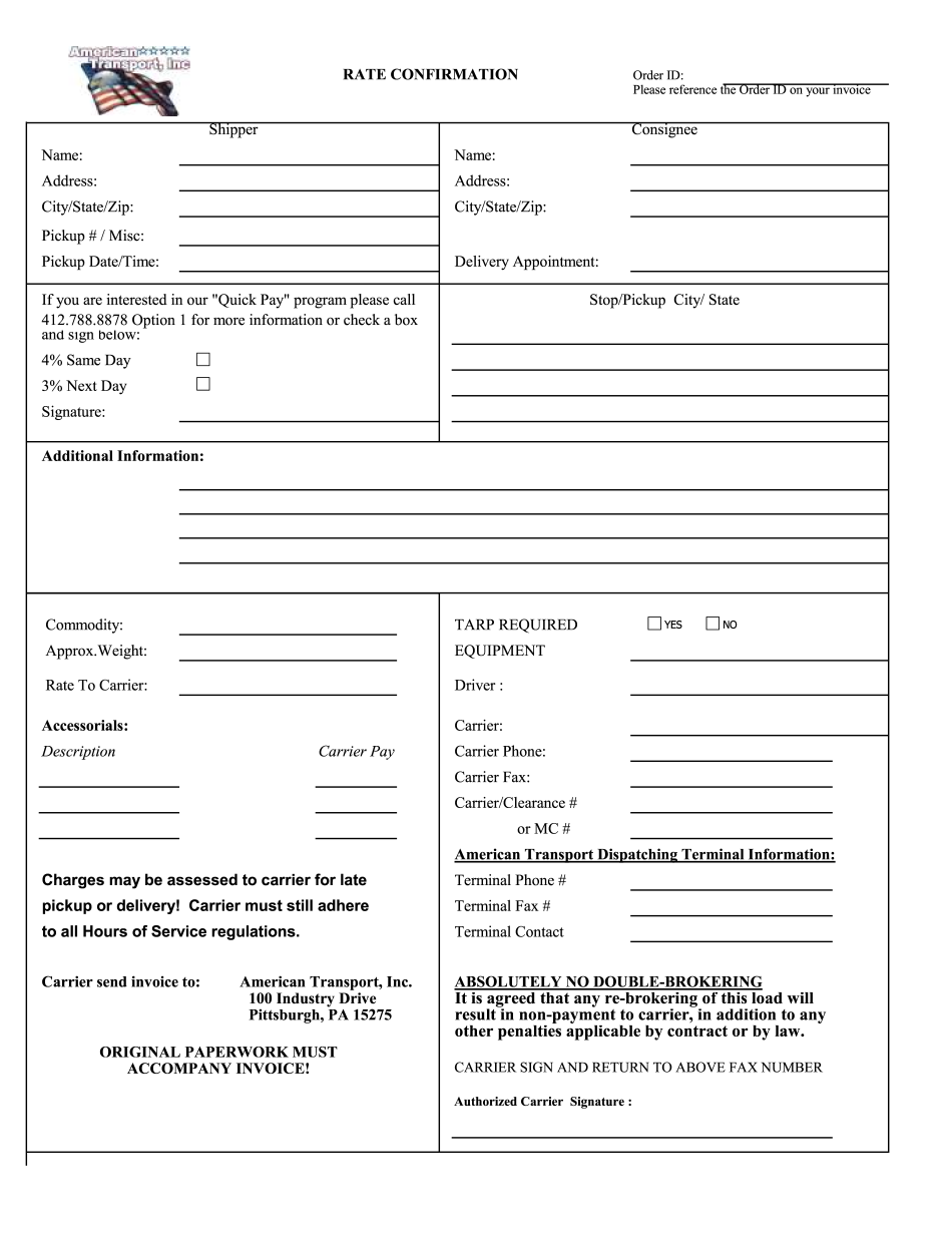 Rate Confirmation - Printable Blank PDF Online Within load confirmation and rate agreement template