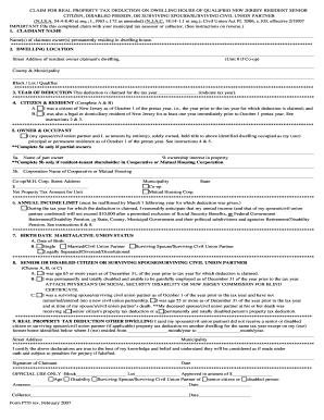 New Jersey Senior Citizen Property Tax Deduction Claim Form
