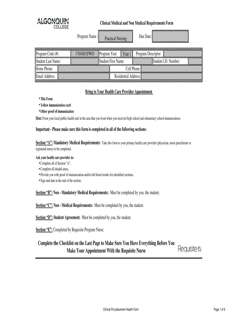 Clinical Medical and Non Medical Requirements Form Preview on Page 1