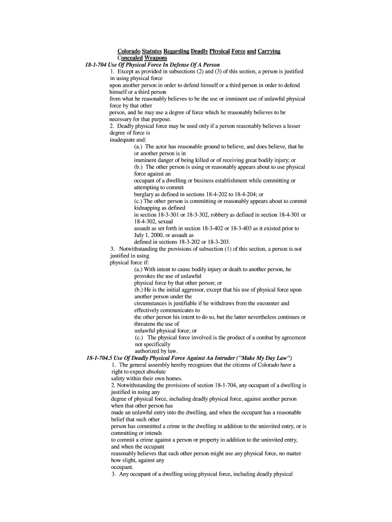 Colorado Statutes Regarding Deadly Physical Force and Carrying Preview on Page 1