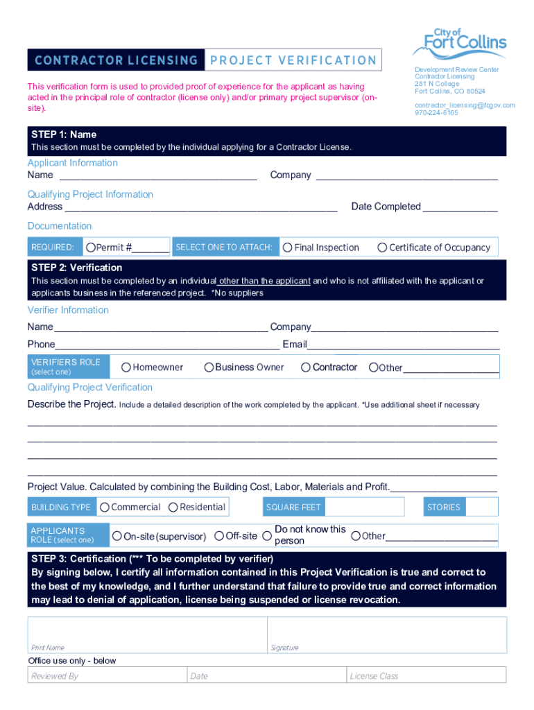 Contractor Licensing Project Verification Preview on Page 1