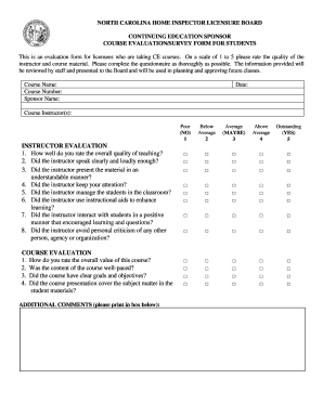 North Carolina Home Inspector CE Course Evaluation Form