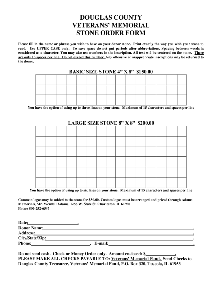Douglas County Veterans Memorial Stone Order Form Preview on Page 1