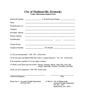 Vendor Request Form - City of Madisonville, Kentucky