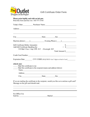 Gift Certificate Order Form