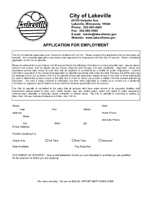 City of Lakeville Application for Employment