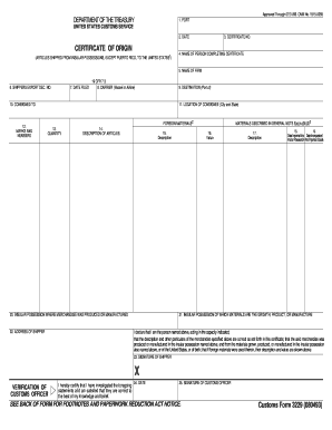 US Customs Form 3229 Certificate of Origin