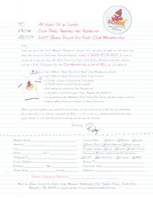 2007 Sonic Drive-In Kids Club Membership Form